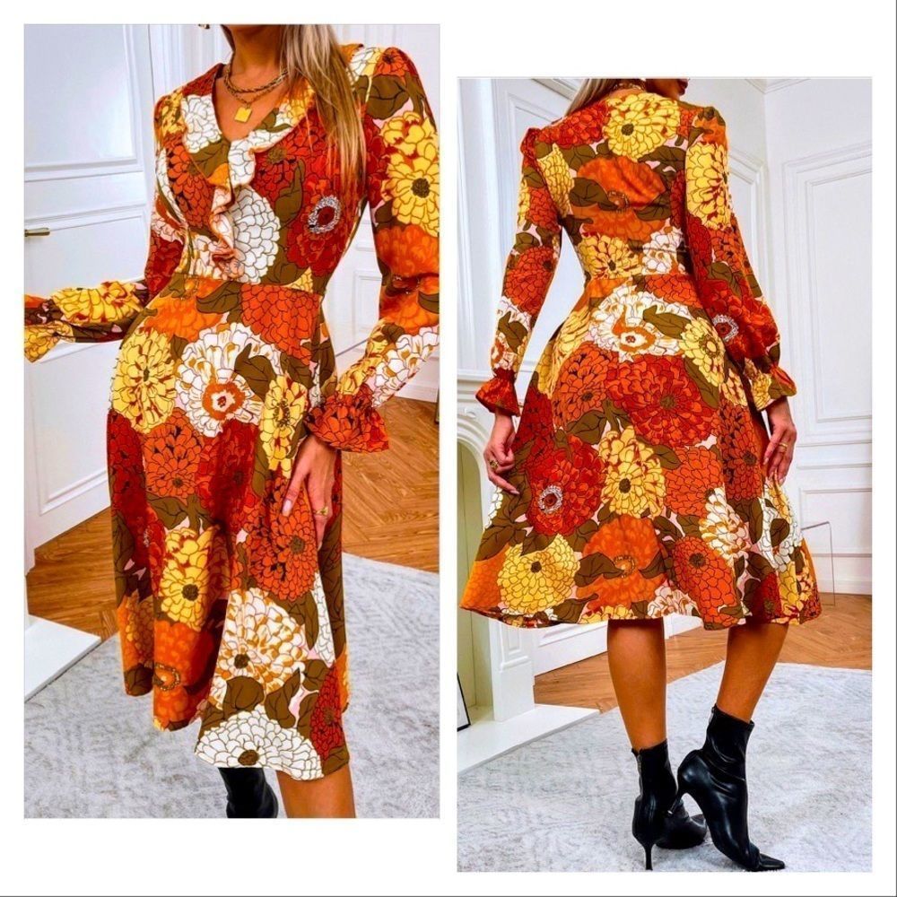 NWT! FLORAL PRINT RUFFLE TRIM FLOUNCE SLEEVE FIT & FLARE MIDI A-LINE DRESS!
